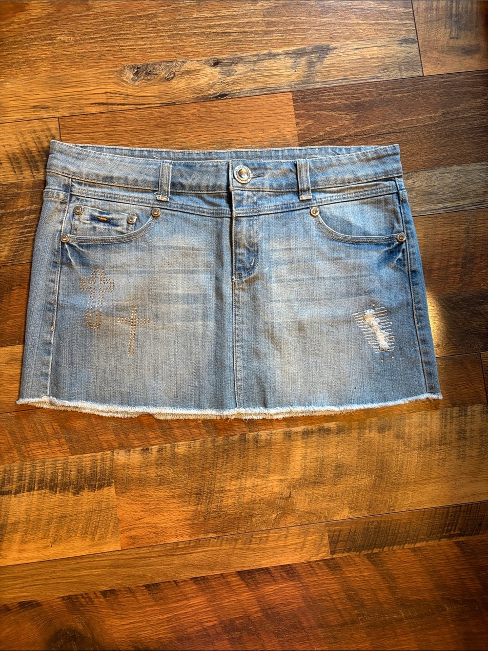 Cowgirl Tuff Light Blue Denim Mini Skirt with Stud Accents